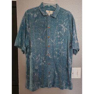 Island‎ Shores Blue Washable Silk Hawaiian Shirt Large Short Sleeve 100% Silk